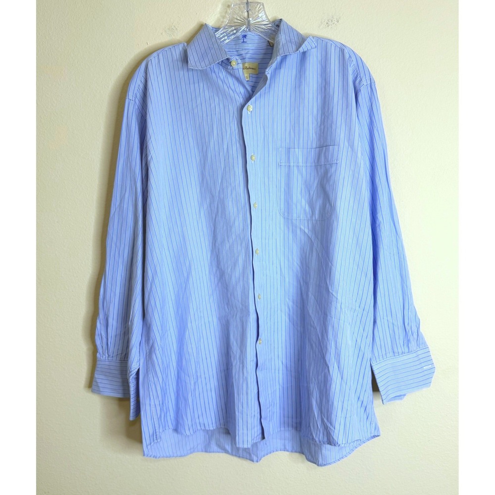 Tommy Bahama Button Down Mens 16.5 32/33 Blue White Striped Cotton Long Sleeve